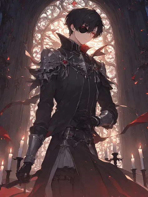 Illustration, top quality, pixiv illustration, very detailed animation, (alone), (male), left eye patch, black hair, short hair, red eyes, background inside dark large mansion with candle, black uniform, fantastic shading, knight