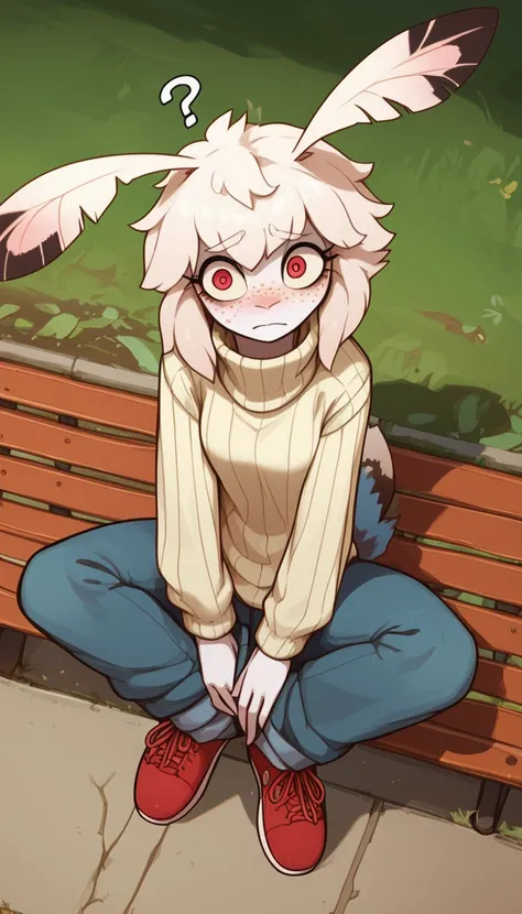 1 girl, Antropo moth , byry, by, fluffy by, The moth girl ?,  slightly nervous , linda,  loose pants,  turtleneck sweater,  seen from the side ,  sitting in a park ,  score_9,  score_8_above,  score_7_above,  score_6_above,  score_5_above,  score_4_above, ...