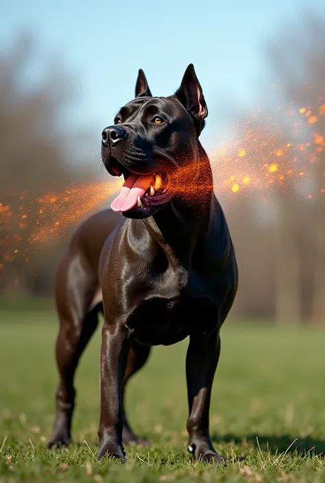 Create an image of a cane corso dog with a muscular build, standing outdoors. From its mouth, sound waves are visibly emanating in dynamic, vibrant patterns, as though a powerful bark or growl is resonating. The sound waves should look like a ripple effect...