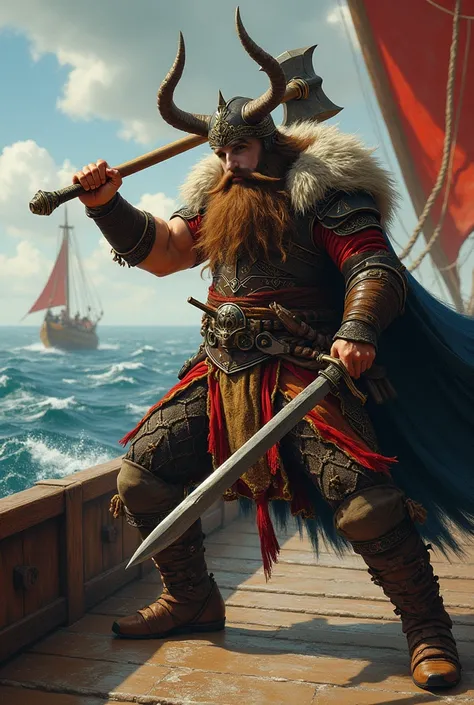 An viking berserker, with intricate helmet without horns, aggressive, fighting with axe and sword, dynamic pose, dueling stance, painting style. Rich clothes, colorfull , battle equipment, alone, brown beard with some gray hair. On drakkar ship. Reinessanc...