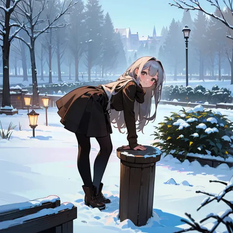 ( High Quality ,  high res, Very detailed, reality:1.37), Peaceful atmosphere, (Outdoor, garden ,snow),  teenage girl standing alone, Beautiful details,  cute smile, (Black Bob), Ribbed sweater,Brown skirt,  black tights ,  brown boots .