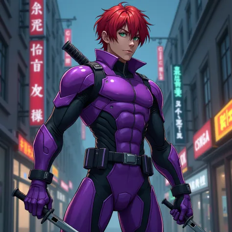 Young man in his 20s, red hair, green eyes, wearing beautiful tight purple cyber armor with black details, holding two short curved knives, night city alley, detailed, concept art, digital art, 2D anime, solo, masterpiece, epic ninja pose, accurate