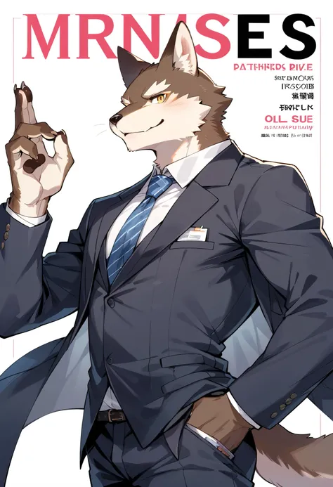 rating_safe, score_9, score_8_up, score_7_up, score_6_up, score_5_up, score_4_up, hires, Business magazine cover page, source_furry, source_anime, highres, absurdres, perfect anatomy, nice 1boys, kemono, suit, furry anthro, dignified pose, smile, portrait,