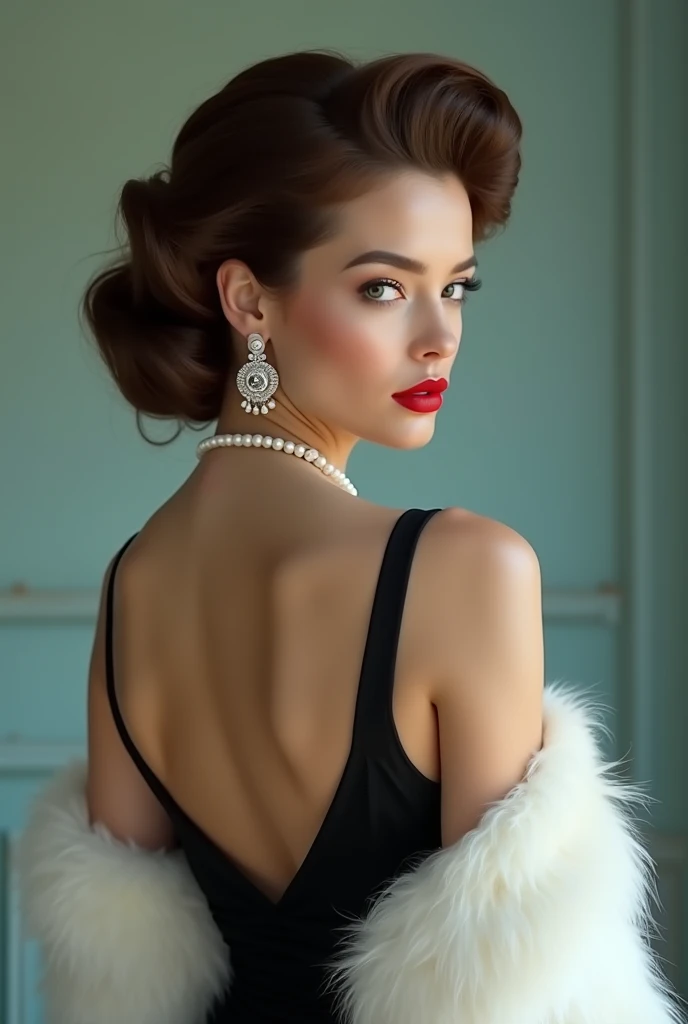  A stunning 、 Elegant big breasted women ,  in a half-turned pose .  She wore a smooth ,  one-piece black dress ,  accentuating her elegant lines ,  Her brown hair combed into a fluffy bun .  towards the viewer over the shoulder ， with layered waves , Fram...