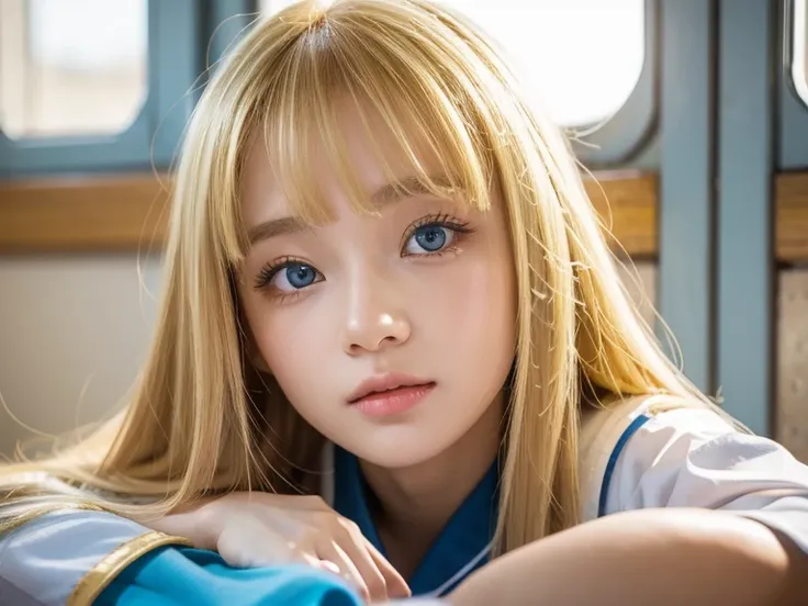 長くて明るいプラチナブロンドの髪を持つ very beautiful女の子、 beautiful 18 year old Scandinavian girl 、 bangs above eyes 、 blond hair on her face 、 popular blonde hair on her face 、 very beautiful顔、Kind and bright expression 、 showing off super long straight silky hair that stre...