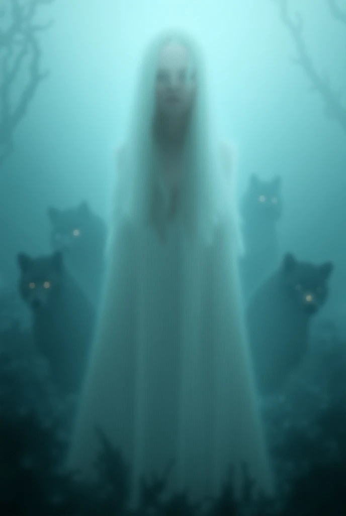 A captivating photo of a beautiful woman with long white hair below her waist. She is dressed in a white bearskin cloak. The background is an eerily dense white fog scene in a gloomy and desolate landscape, with some dry tree branches visible. In front of ...