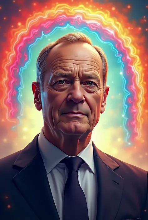 Donald Tusk na tle tęczy