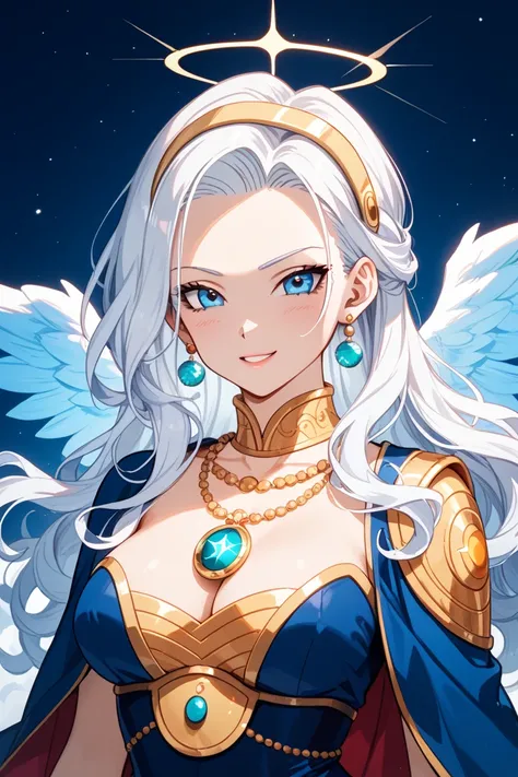 ((Dragon Ball Super Design)) Blue Skinned Angel deity ethereal beauty is a testament to her divine origins. Her flowing, silvery-white hair shimmers like cascading moonlight, exuding an otherworldly glow that captivates all who see her. Atop her head rests...