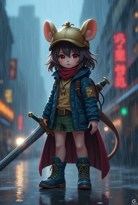 anime character with a sword and a helmet on in the rain, concept art by Kanbun Master, pixiv, auto-destructive art, maplestory, character art of maple story, maple story indiana jones, style of maple story, maple story gun girl, style as nendoroid, epic a...