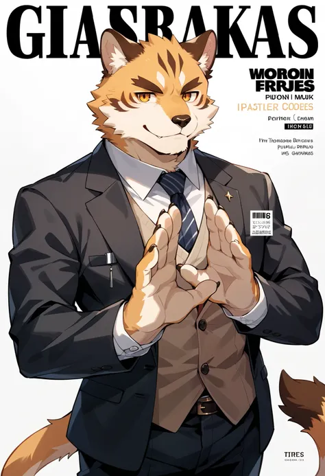 rating_safe, score_9, score_8_up, score_7_up, score_6_up, score_5_up, score_4_up, hires, Business magazine cover page, source_furry, source_anime, highres, absurdres, perfect anatomy, nice 1boys, kemono, suit, furry anthro, dignified pose, smile, portrait,