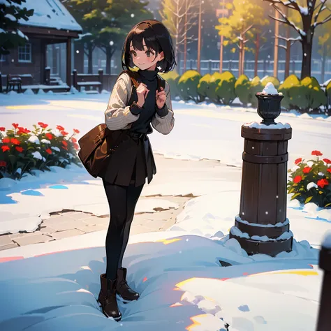 ( High Quality ,  high res, Very detailed, reality:1.37), Peaceful atmosphere, (Outdoor, garden ,snow),  teenage girl standing alone, Beautiful details,  cute smile, (Black Bob), Ribbed sweater,Brown skirt,  black tights ,  brown boots .