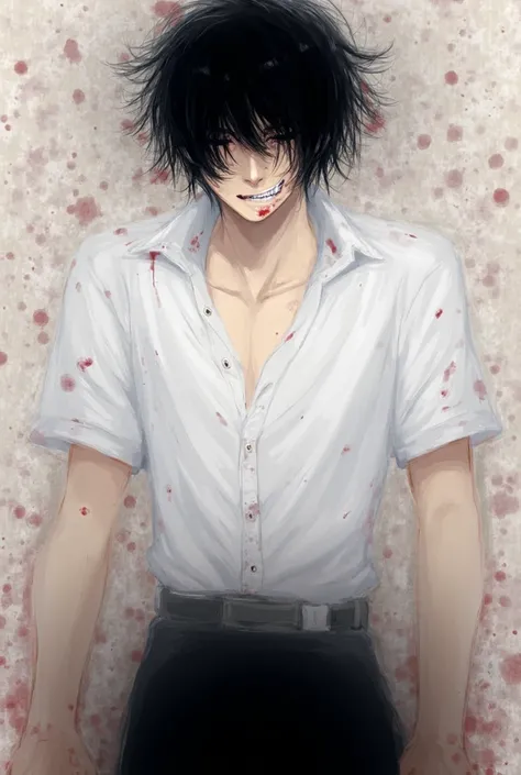 yandere kun, ayato aishi, black hair, black eyes, white button-up with short sleeve, top button unbutton and showing chest, black trousers, manly, tall, sharp jawline, holding knife, bloody appearance, has a sadistic grin with half lidded eyes, anime artsy...