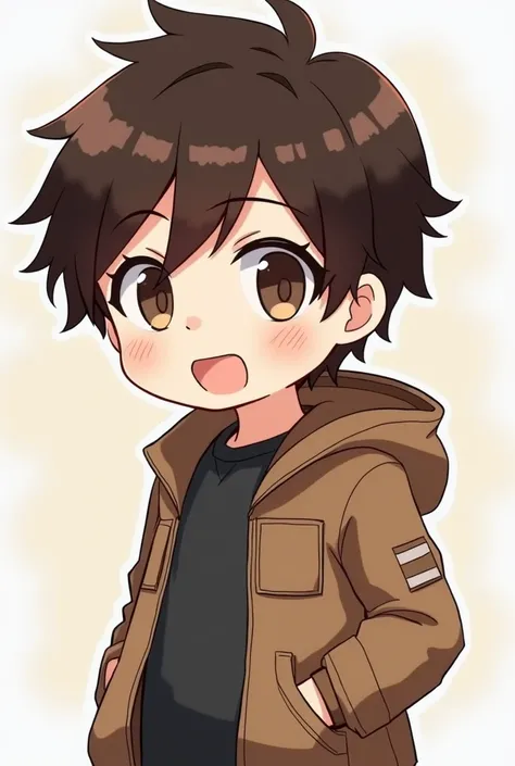 a cartoon character of a boy with brown hair and a brown jacket, telegram sticker, pinterest anime, pixiv style, covid, trending on devianart, kawaii chibi, anime stile, ig studios anime style,  profile picture, anime chibi, anime-, full device, in an anim...