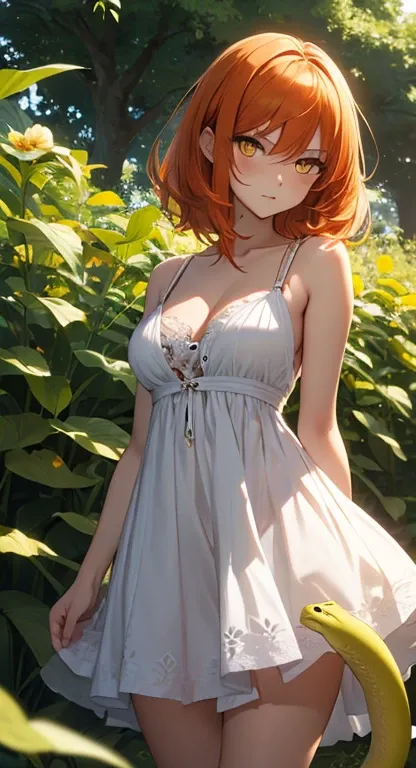 SFW, glaring, (sundress), small breasts, big breasts, small breast), firm breasts, slim waist, klaudia, park, bushes, orange hair, yellow eyes, snake eyes,