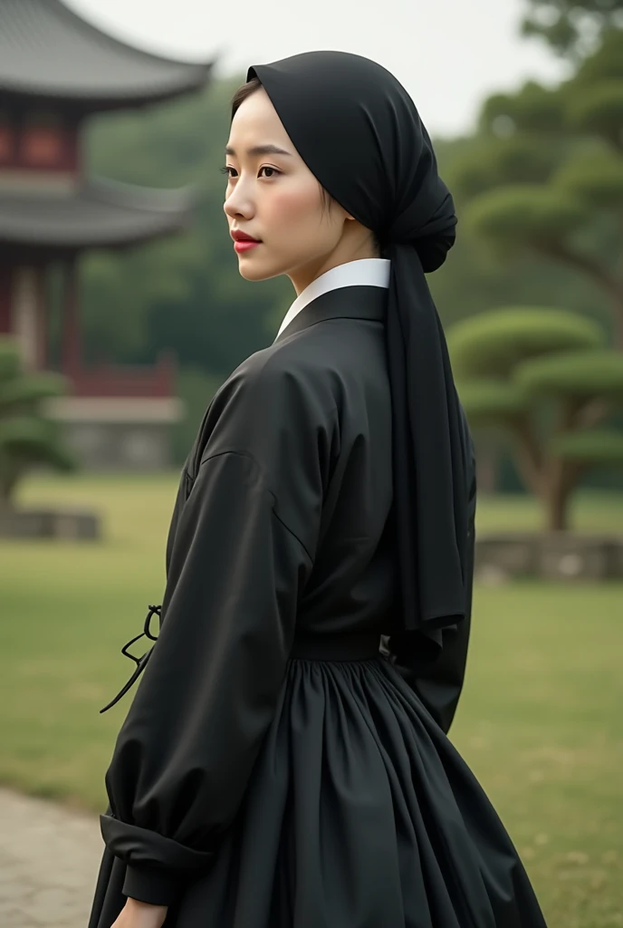 there is a modern woman korean with black hijab tied at back  in a black hanbok standing in garden, hanbok, korean hanbok, inspired by Jeong Seon, hanbok apron, traditional dress, inspired by Sim Sa-jeong, wearing a noblewomans outfit, royal elegant pose, ...