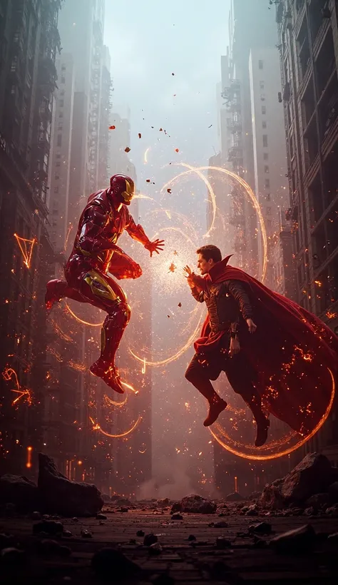 Prompt superheroes Iron Man and Doctor Strange face off against each other in a cinematically realistic destruction downtown setting