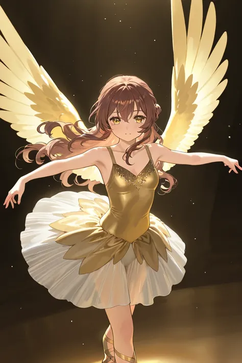 A girl that is a ballerina. She has long wavy brown haired with shinny golden eyes holding golden ballet slippers. There is magic and stars surrounding her. 