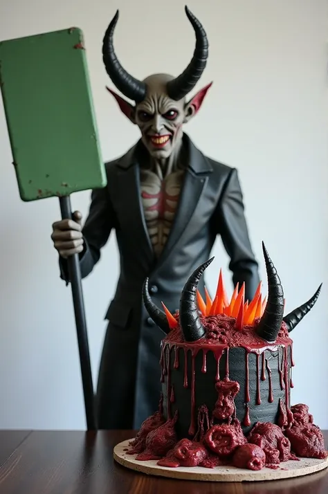  a demonic figure standing, facing forward. the demon is standing, holding a green sign with a menacing expression. In front of the demon, on a separate table, is a demonic cake—dark, grotesque, and eerie, with sharp spikes, oozing textures, and fiery acce...