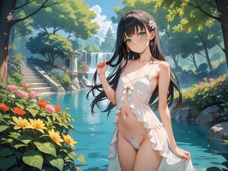 ((high quality)), ((nsfw)), ((anime girl)), ((wide shot)), ((**** girl)), ((sexually active)), ((provocative scenario)), beautiful elven girl in a sheer dress, detailed eyes, blush, flat chest, in a garden in the forest, beautiful girl, beautiful body, fla...