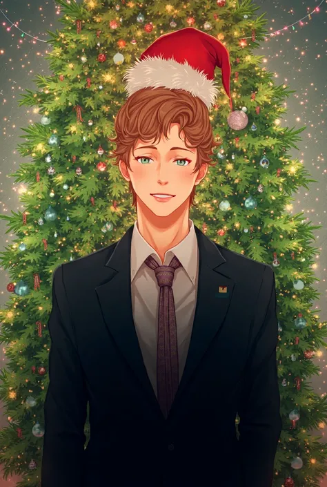 Anime drawing of a man wearing a Christmas hat Christmas tree behind, And an elegant suit