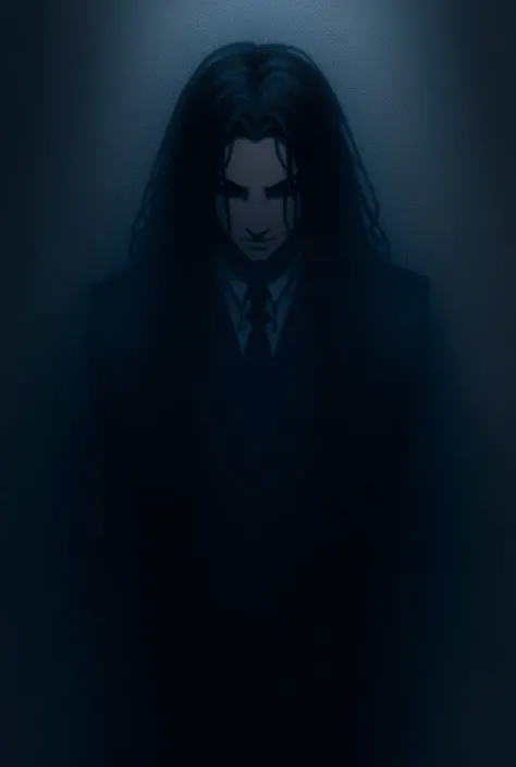 Anime man with long black hair evil looking wearing a suit