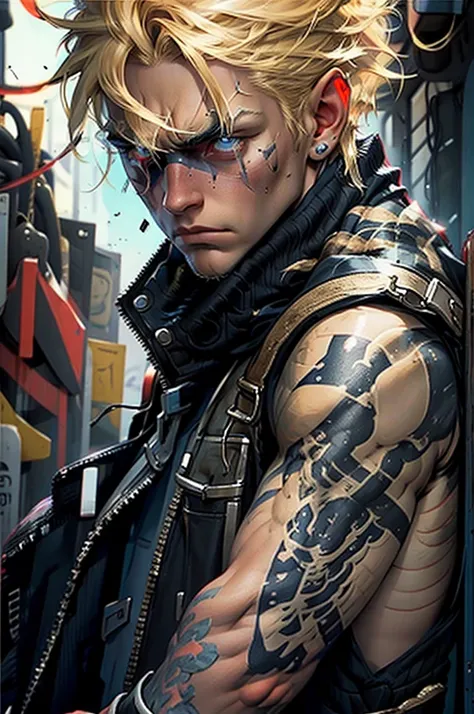 Blonde mechanic boy with a serious face and a scar on his face.