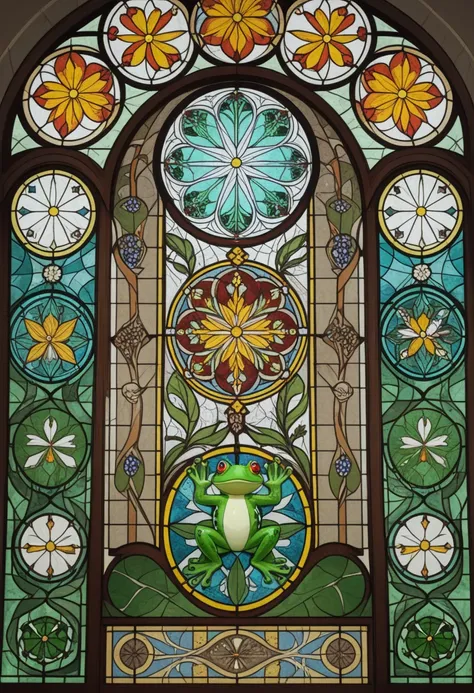 a close up of a stained glass window with a frog on it, stained glass art, stained glass style, stained glass, stain glass, stained glass!!, frog themed, psychedelic frog, maxim verehin stained glass, frog, green stained glass, inspired by Pascal Blanché, ...