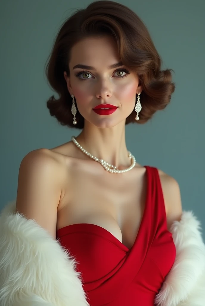  A stunning 、 Elegant big breasted women ,  in a half-turned pose .  She wore a smooth , One-Piece Collar Red Dress,  accentuating her elegant lines ,  Her brown hair combed into a fluffy bun .  towards the viewer over the shoulder ， with layered waves , F...