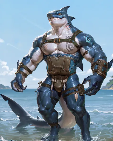 muscular sharkman, megalodon anthro shark, black and blue hands and fins, black back, solo, big arms, koholasaurus from genshin impact, bara, detailed smooth skin, lizard shark hybrid, anthro, closed mouth, predatory grin, detailed scales, muscular, thick ...