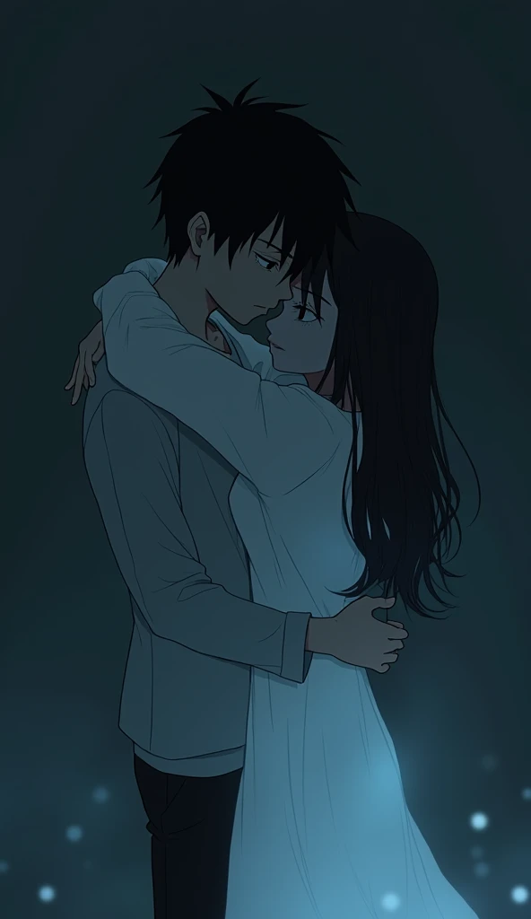 make a silhouette of a teenage boy hugging a scary ghost girl from behind with long dark hair up to his hips and wearing a white long sleeved shirt that looks very sad, Anime, 