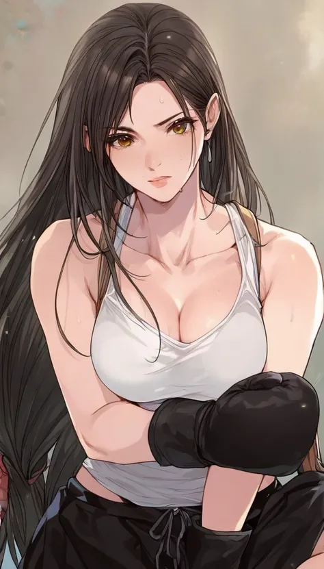 black hair,masterpiece,best quality,highres,ultra-detailed,aashizue,yellow eyes,long hair,(tank top:1.2), boxing gloves,cleavage,toned, sweating, (sleeveless:1.4),cowboy shot,