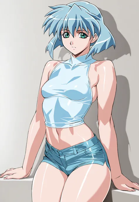 high resolution, masterpiece, necessary, detail, best quality, quality, necessary, tall details, High details, precise,
 
1girl, solo, vandread, vandread anime

Meia, meia (vandread), green eyes, short hair, light blue hair, sleeveless shirt, short shorts,...