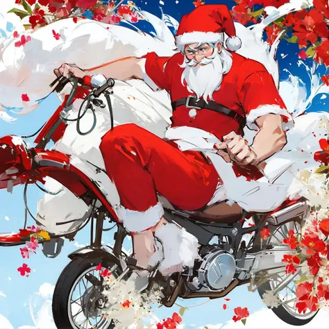    Santa Claus   、   wonderful world  、   brightly colored  、 Delivery in progress、Riding a scooter、Holding a big white bag、smile、   red hat   、   red clothes、Whitebeard