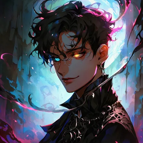 Anime-style illustration of a 20-year-old male hypnotist with sharp, youthful features, glowing hypnotic eyes, and a sly, confident smirk. He holds a swirling, luminous pendulum in one hand, its soft, ethereal glow illuminating his face and casting subtle ...