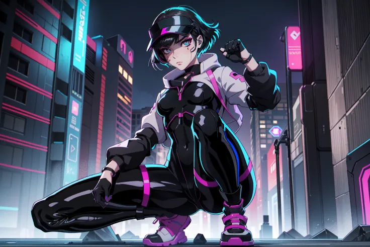 Create an illustration of Sasha from Cyberpunk: Edgerunners. She is a young netrunner with a slender and agile physique, reflecting her hacker lifestyle. Her hair is short, (black hair), messy, and brightly colored, often with neon highlights like electric...