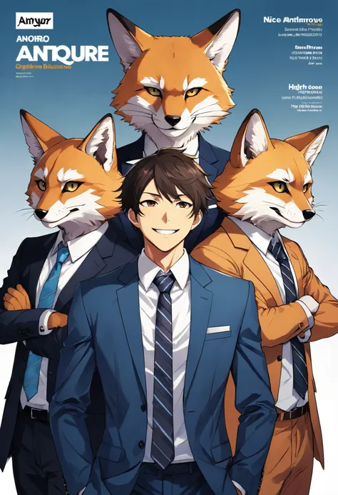 rating_safe, score_9, score_8_up, score_7_up, score_6_up, score_5_up, score_4_up, hires, Business magazine cover page, source_furry, source_anime, highres, absurdres, perfect anatomy, nice 1boys, kemono, suit, furry anthro, dignified pose, smile, portrait,