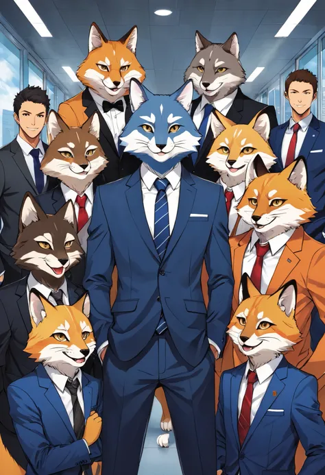 rating_safe, score_9, score_8_up, score_7_up, score_6_up, score_5_up, score_4_up, hires, Business magazine cover page, source_furry, source_anime, highres, absurdres, perfect anatomy, nice 1boys, kemono, suit, furry anthro, dignified pose, smile, portrait,