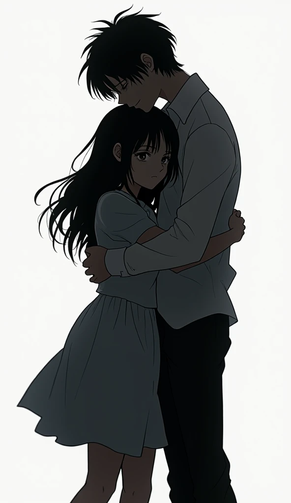 make a silhouette of a teenage boy hugging a scary ghost girl from behind with long dark hair up to his hips and wearing a white long sleeved shirt that looks very sad,and have the same height posture Anime, 