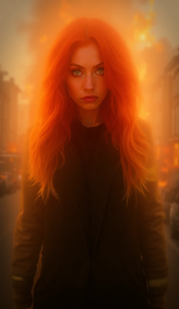  Portrait of a red-haired white woman with green eyes,  long wavy hair,  on the street dressed in firemens clothing,  In the background a burning building  