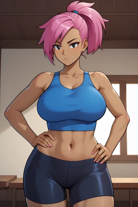 score_9, score_8_up, score_7_up, score_9,4k, HD, 8k, highres, antialiasing, detailed, texture, perspective, cinematic lighting,  enidSDXL, 1girl, solo, ponytail, short hair, large breasts,  blue tanktop, navel, cowboy shot,  pink hair, hair, dark skin, sho...