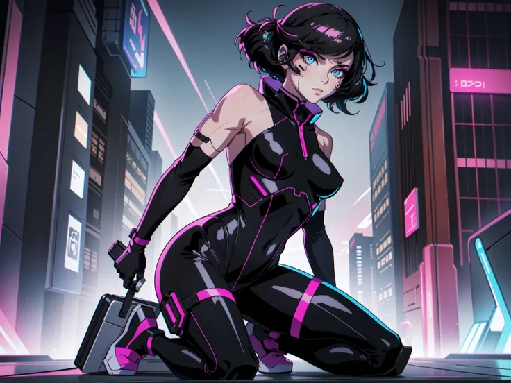 Create an illustration of Sasha from Cyberpunk: Edgerunners. She is a young netrunner with a slender and agile physique, reflecting her hacker lifestyle. Her hair is short, (black hair), messy, and brightly colored, often with neon highlights like electric...