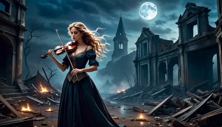 (una imagen beautiful, Intricate and highly detailed) una bruja beautiful de cabello rubio, big breasts and a beautiful body  ,  playing a violin  (In the ruins of forgotten war cities) Fire  [Moderate: Illustration or painting], ( dramatic lighting ,  bri...