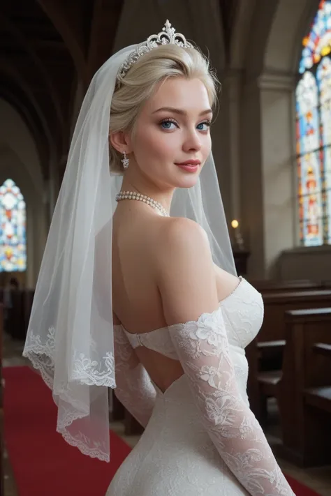 Make Elsa enter the church to marry a tight bridal veil with big boobs