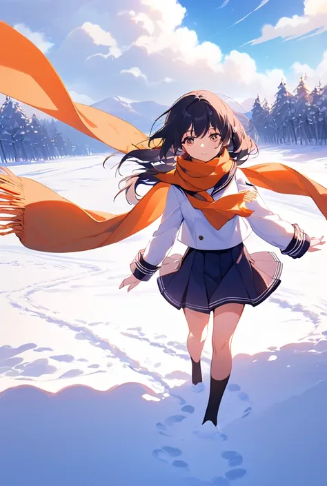 A vibrant anime artwork of a young girl bundled in a winter sailor uniform and a warm orange scarf. She walks along a snowy road, her footprints trailing behind her, as the sunlight reflects off the snow-covered fields and the sky stretches endlessly above...