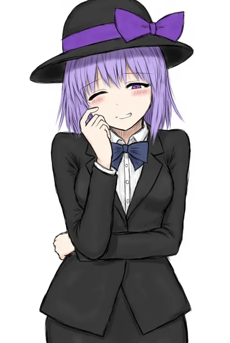 1girl, solo, black fedora with purple stripe, black suit, laugh, bow on hat, bow tie, black skirt, purple shoulder lenght hair, purple eyes