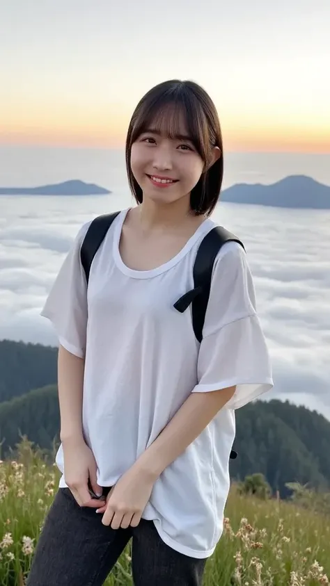 Highest quality, masterpiece, Ultra-high resolution, (Realistic:1.3), RAW Photos, (Nature landscape photography), (Majestic Mountain々The summit of the, sea of clouds), (On top of a very large mountain), (sunset), (One Girl), (Upper Body), (20-year-old), (s...