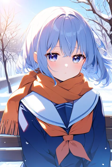 A serene anime composition of a girl sitting on a snowy park bench, wearing a blue sailor-style coat and an orange scarf. Her rosy cheeks glow in the winter sunlight as she gazes up at the vast blue sky, lost in thought.