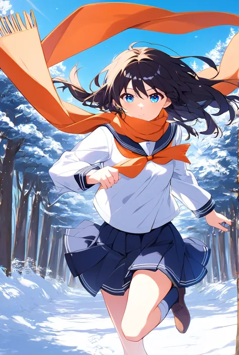 A dynamic anime illustration of a girl running through a snowy forest path, her winter sailor uniform and bright orange scarf contrasting beautifully with the white snow and the vibrant blue sky visible through the trees