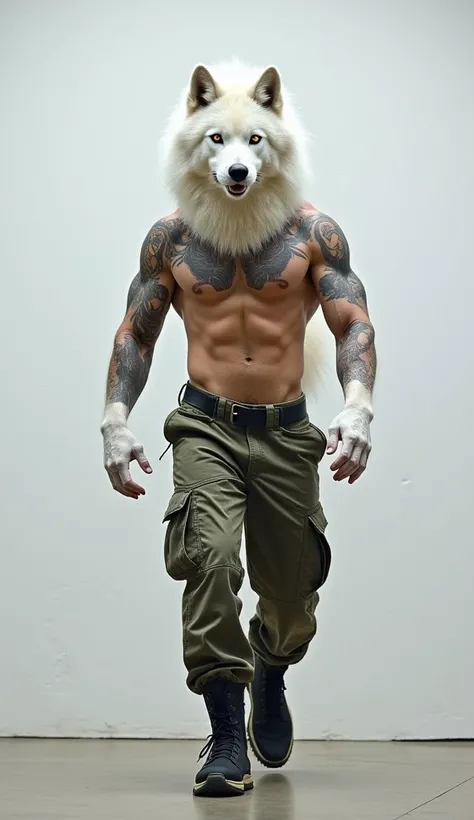 A hybrid creature strides confidently toward the camera against a plain white wall, fully transformed but still wearing the man’s camouflage cargo pants and military-style boots. The hybrid is shirtless, its muscular torso covered in a layer of sleek white...