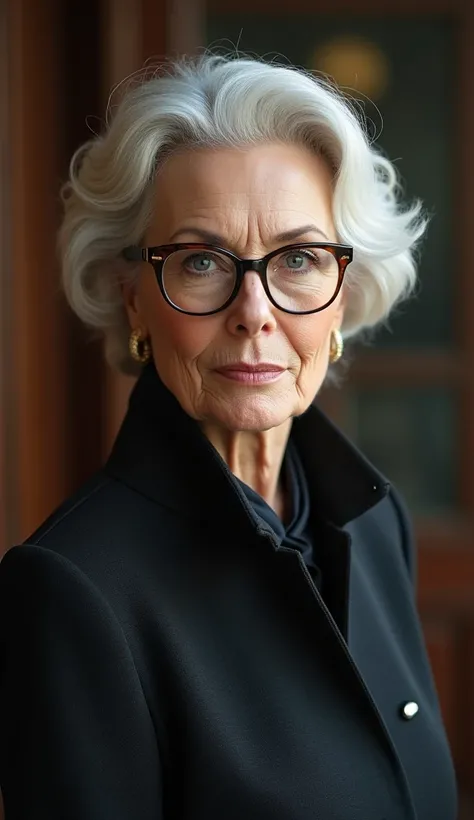  A sexy and stately woman in her 60s,  fair skin ,  gray eyes, glasses,  dressed in an elegant coat  .